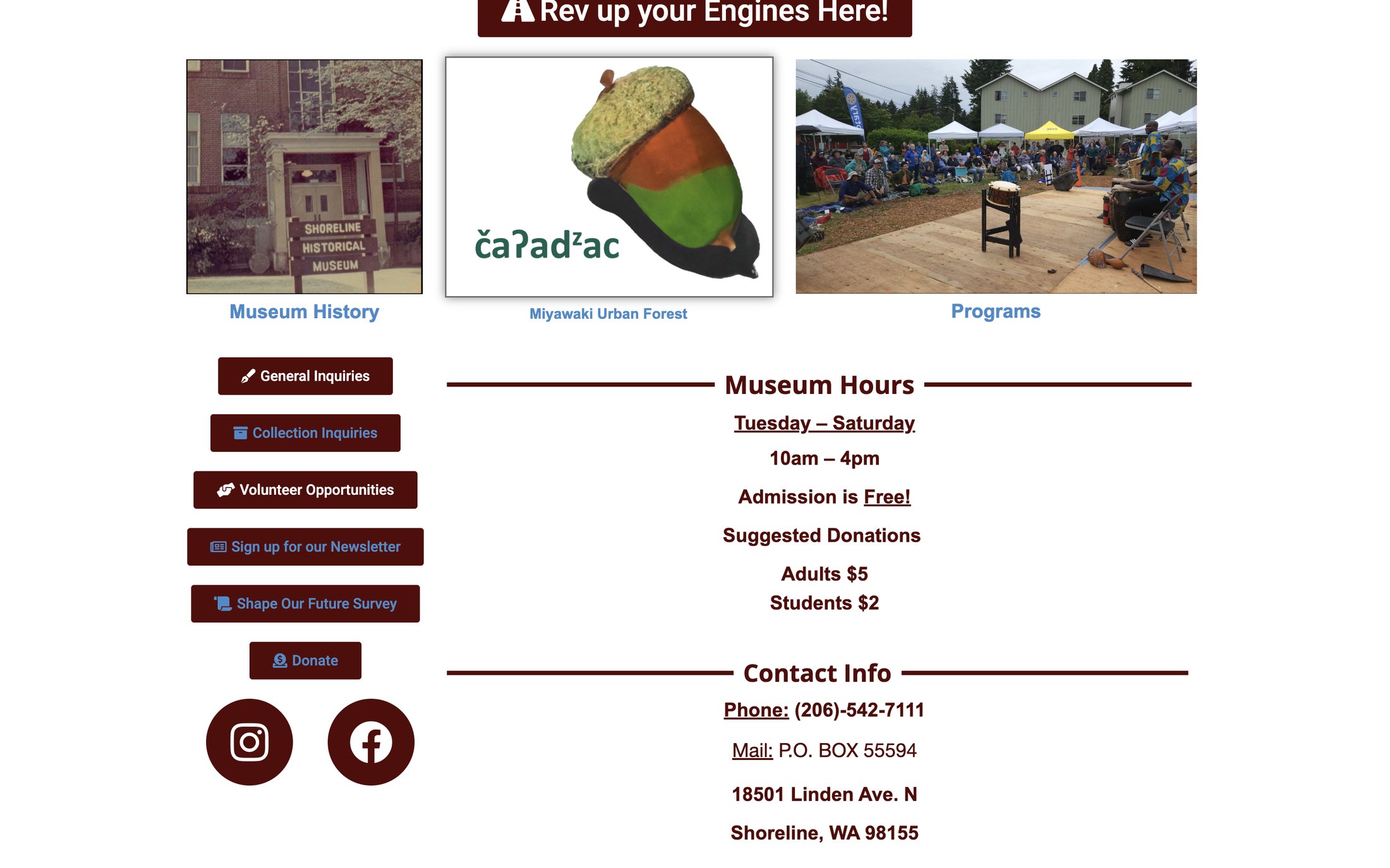 Old homepage: buttons, hours and contact info
