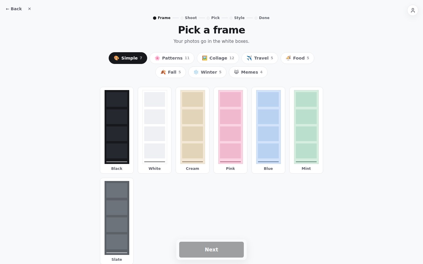 Pick a frame screen showing the Simple pack of plain colours
