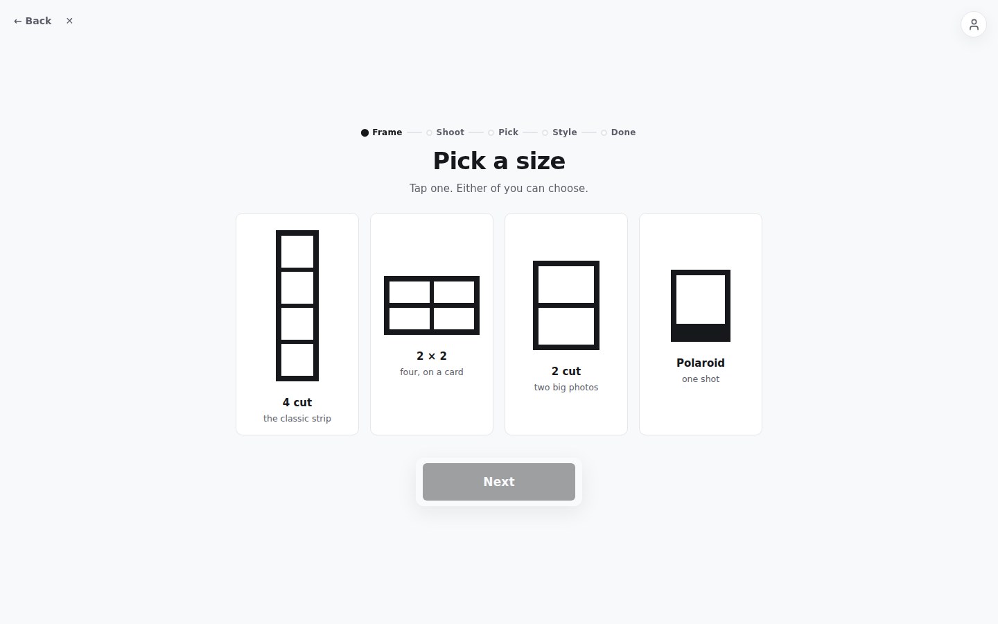 Pick a size screen: 4 cut, 2 by 2, 2 cut and Polaroid