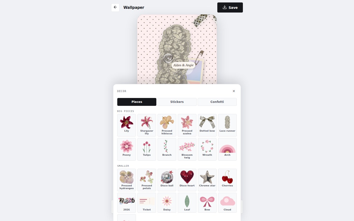 Wallpaper editor decor drawer with flowers, bows and stickers