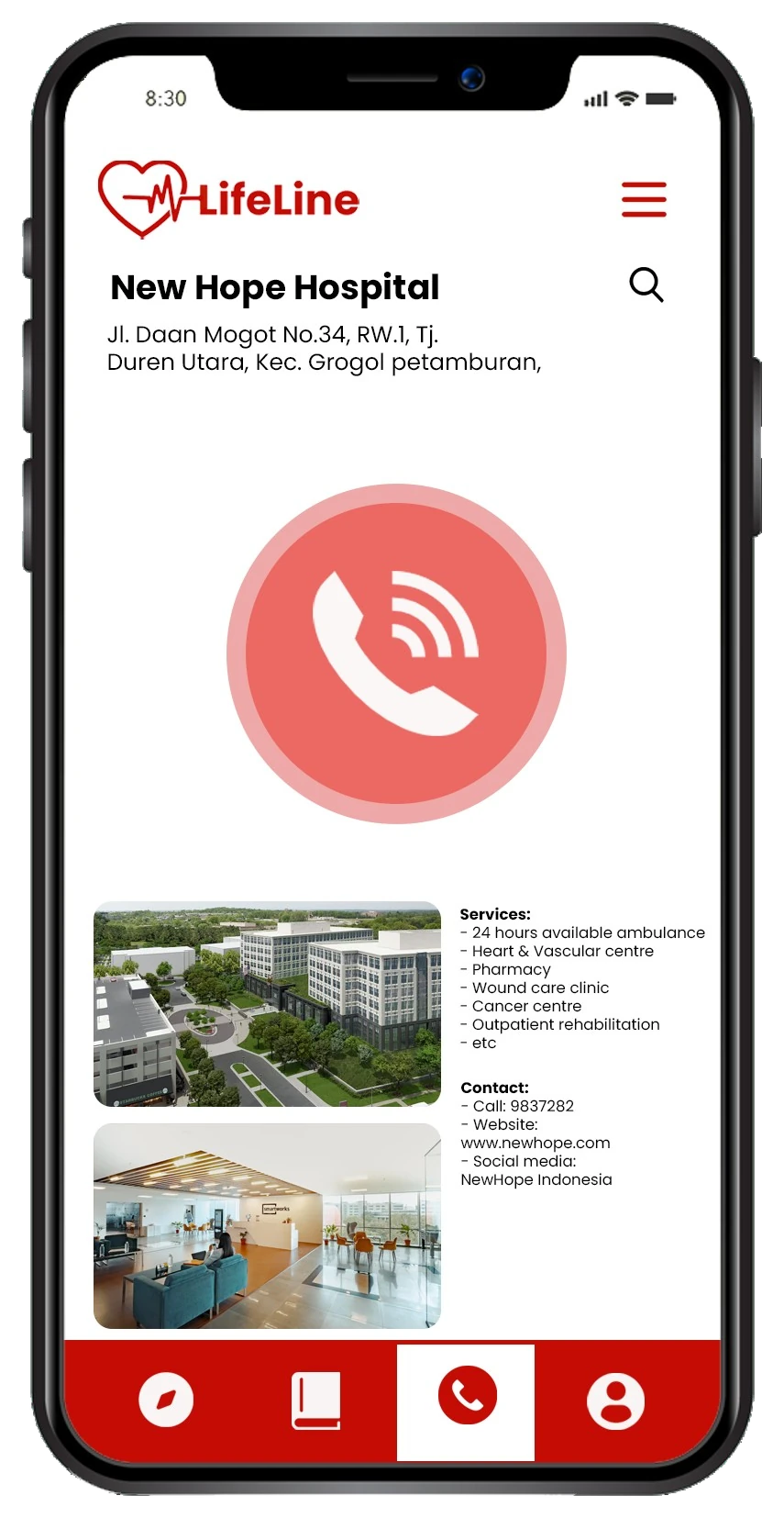 Call screen for New Hope Hospital