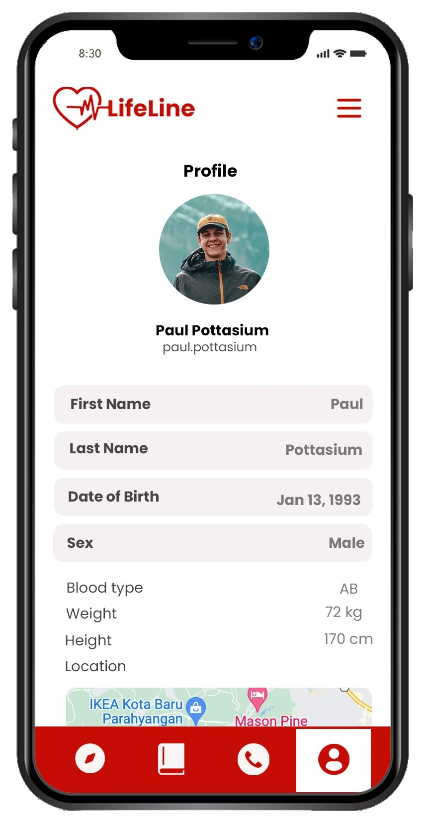 Profile screen with medical details